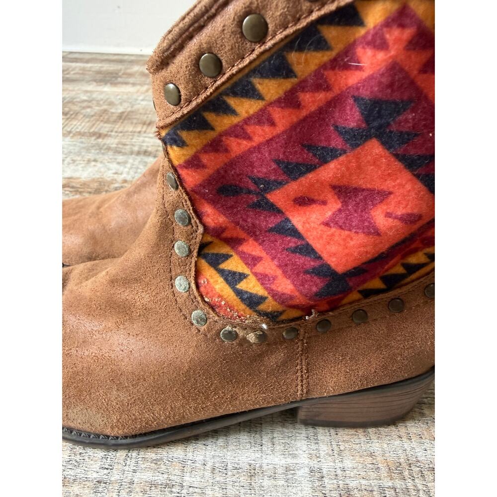 Southwestern Boho Faux Suede Cowboy Boots Ankle Boots Aztec Panels Western Sz 8 - Picture 4 of 13